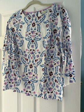 NWT Boden Silk Blend Floral Nadine Blouse 3/4 Sleeve White Blue Top Office 14